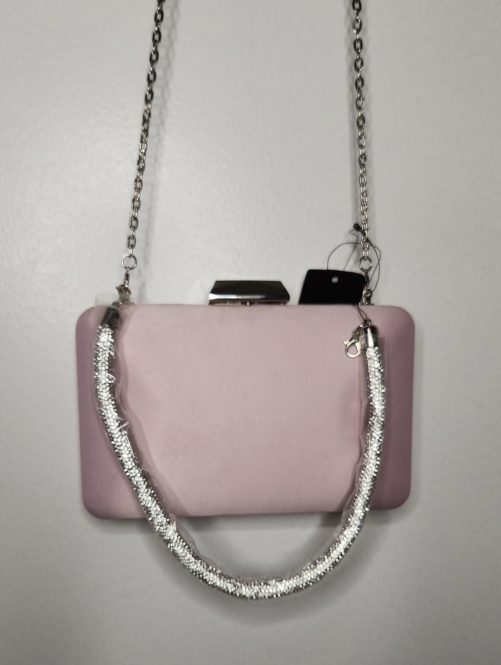 NWT  INC pink hard shell satin clutch w/silver rhinestones strap and chain